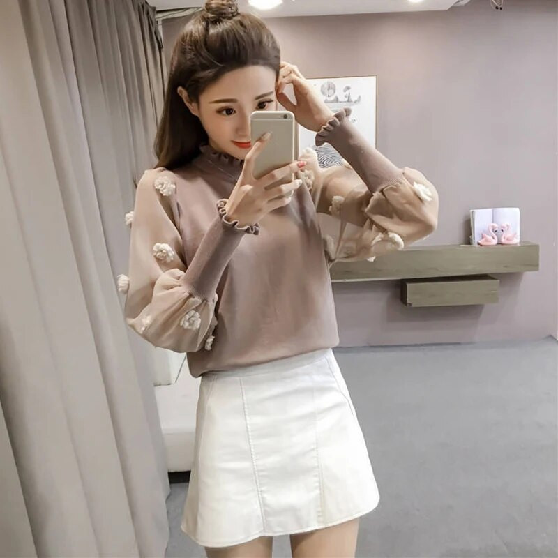 Lucyever korejiešu šiks, puķains džemperis, sieviešu modes tīklveida blūzes ar garām piedurknēm Sieviešu trikotāžas ielas apģērba topi sievietēm