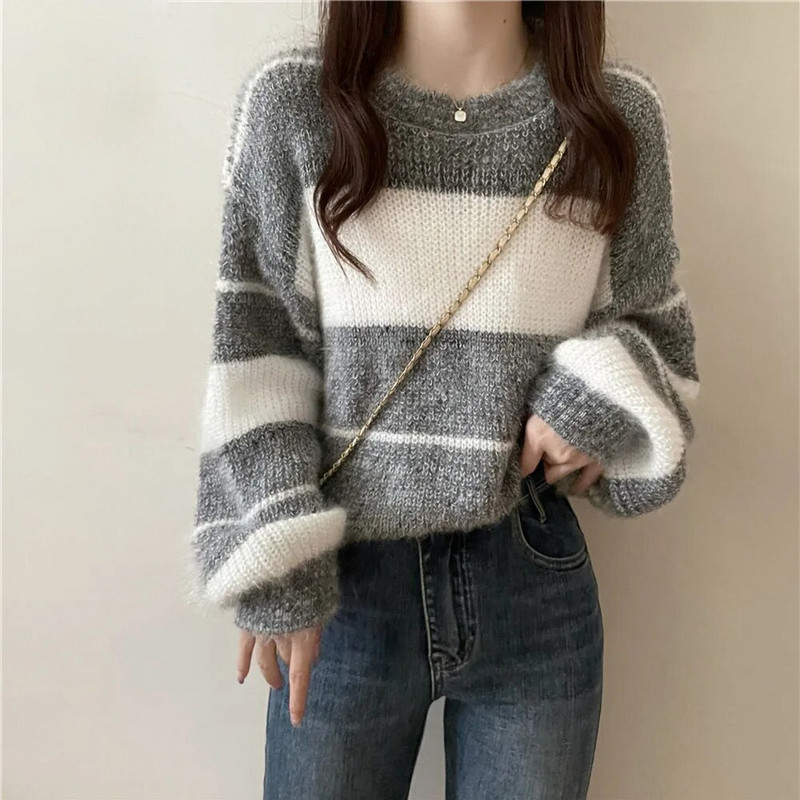 Vintage svītrains džemperis sievietēm rudens ziema maiga stila brīvs džemperis ar garām piedurknēm korejiešu ikdienas trikotāžas īss tops