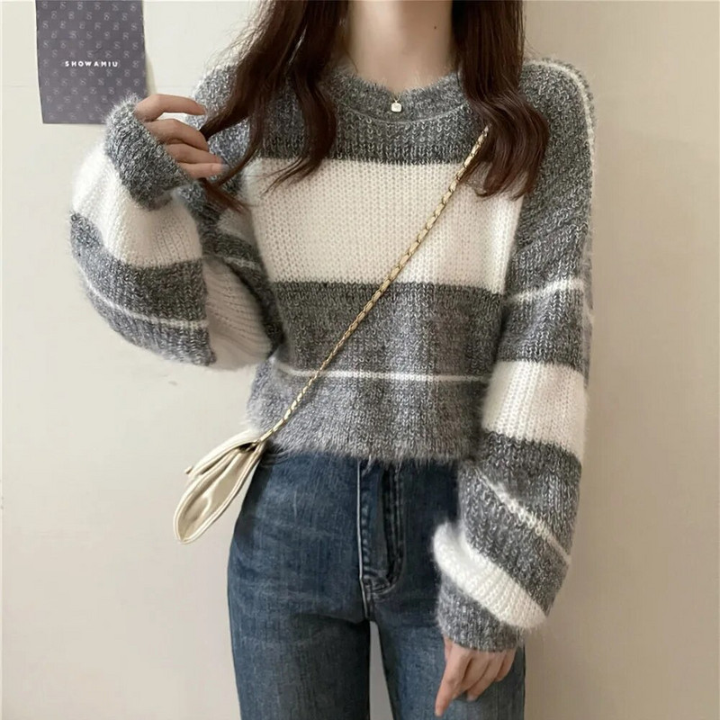 Vintage svītrains džemperis sievietēm rudens ziema maiga stila brīvs džemperis ar garām piedurknēm korejiešu ikdienas trikotāžas īss tops