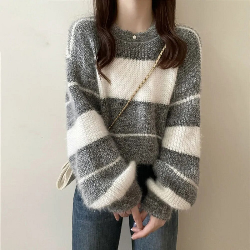 Vintage svītrains džemperis sievietēm rudens ziema maiga stila brīvs džemperis ar garām piedurknēm korejiešu ikdienas trikotāžas īss tops