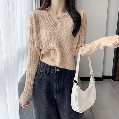 Sieviešu 2023. gada rudens ziemas īss džemperis ar V veida kakla izgriezumu, jauni trikotāžas topi ar garām piedurknēm.