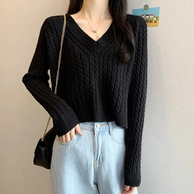 Sieviešu 2023. gada rudens ziemas īss džemperis ar V veida kakla izgriezumu, jauni trikotāžas topi ar garām piedurknēm.