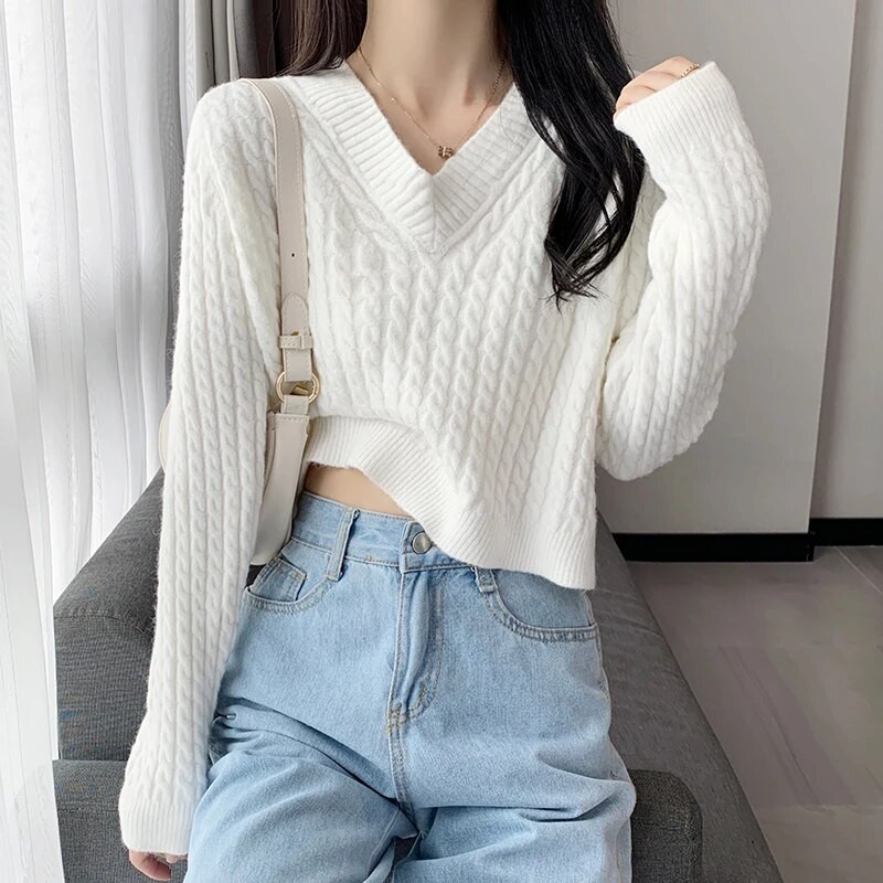 Sieviešu 2023. gada rudens ziemas īss džemperis ar V veida kakla izgriezumu, jauni trikotāžas topi ar garām piedurknēm.