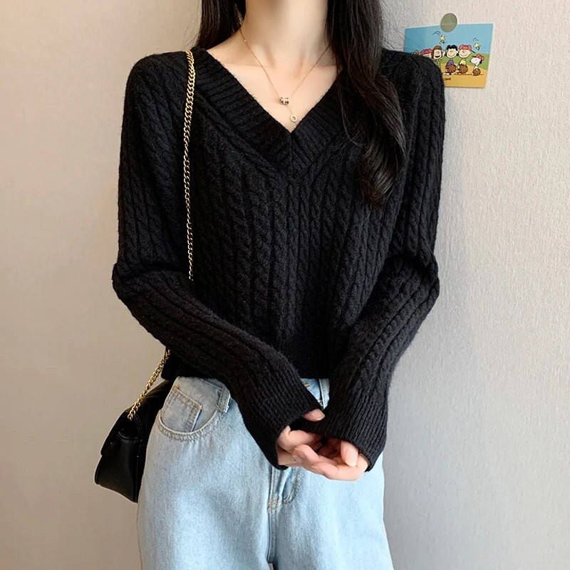 Sieviešu 2023. gada rudens ziemas īss džemperis ar V veida kakla izgriezumu, jauni trikotāžas topi ar garām piedurknēm.