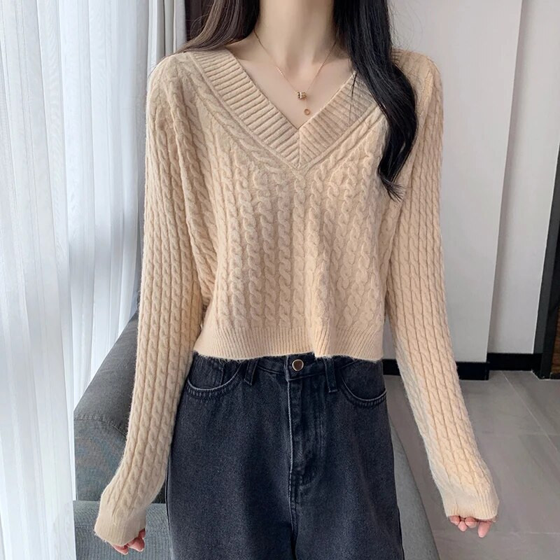 Sieviešu 2023. gada rudens ziemas īss džemperis ar V veida kakla izgriezumu, jauni trikotāžas topi ar garām piedurknēm.