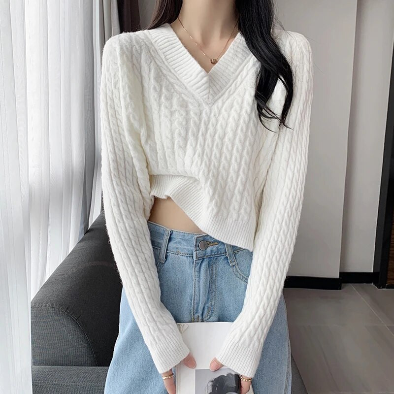 Sieviešu 2023. gada rudens ziemas īss džemperis ar V veida kakla izgriezumu, jauni trikotāžas topi ar garām piedurknēm.