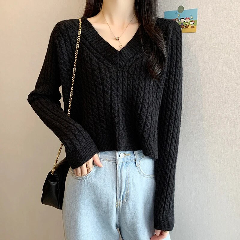 Sieviešu 2023. gada rudens ziemas īss džemperis ar V veida kakla izgriezumu, jauni trikotāžas topi ar garām piedurknēm.