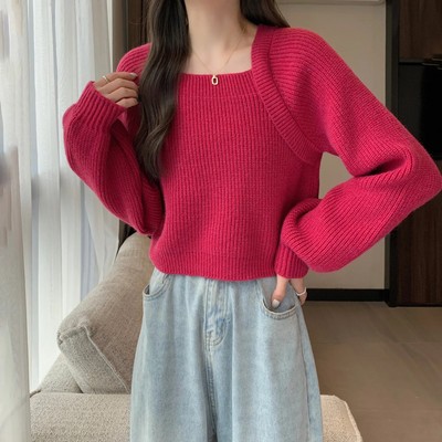 Sieviešu džemperis ar kvadrātveida apkakli, 2023. gada rudens ziema, jauns džemperis ar garām piedurknēm, sieviešu temperamenta īss trikotāžas tops