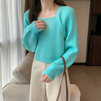 Sieviešu džemperis ar kvadrātveida apkakli, 2023. gada rudens ziema, jauns džemperis ar garām piedurknēm, sieviešu temperamenta īss trikotāžas tops