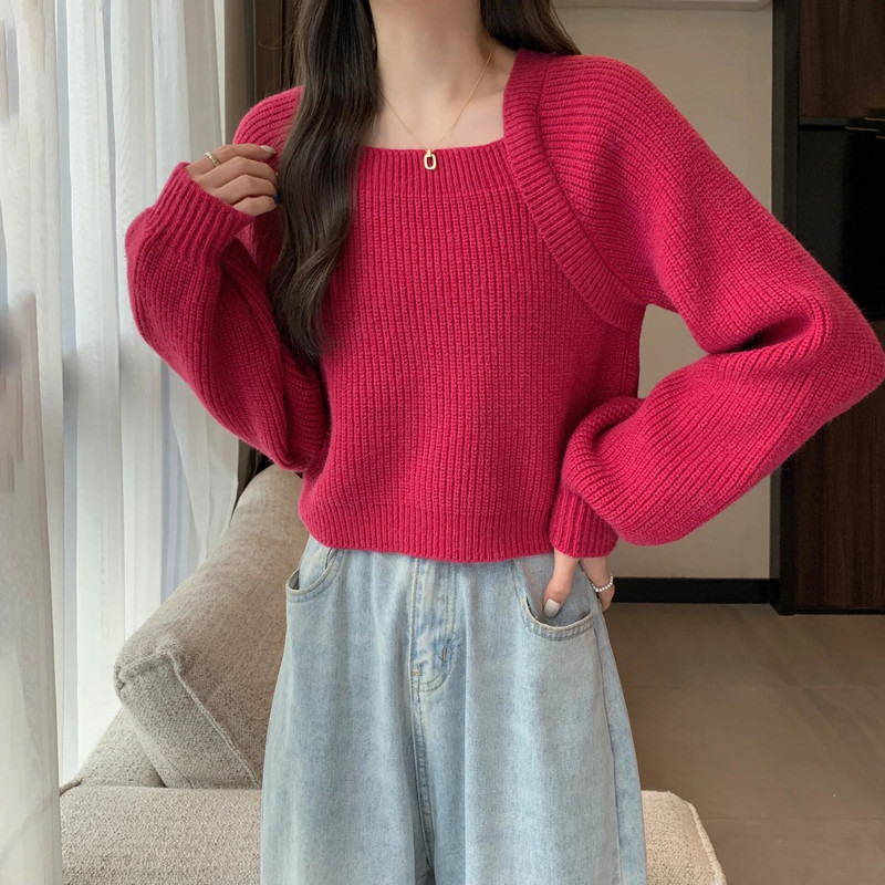 Sieviešu džemperis ar kvadrātveida apkakli, 2023. gada rudens ziema, jauns džemperis ar garām piedurknēm, sieviešu temperamenta īss trikotāžas tops