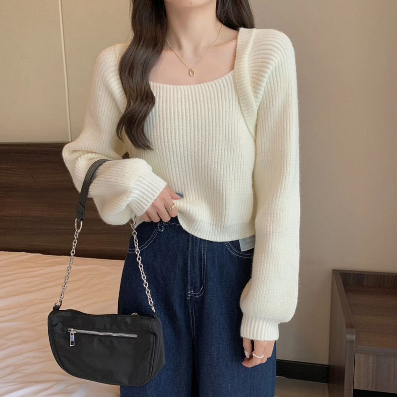 Sieviešu džemperis ar kvadrātveida apkakli, 2023. gada rudens ziema, jauns džemperis ar garām piedurknēm, sieviešu temperamenta īss trikotāžas tops