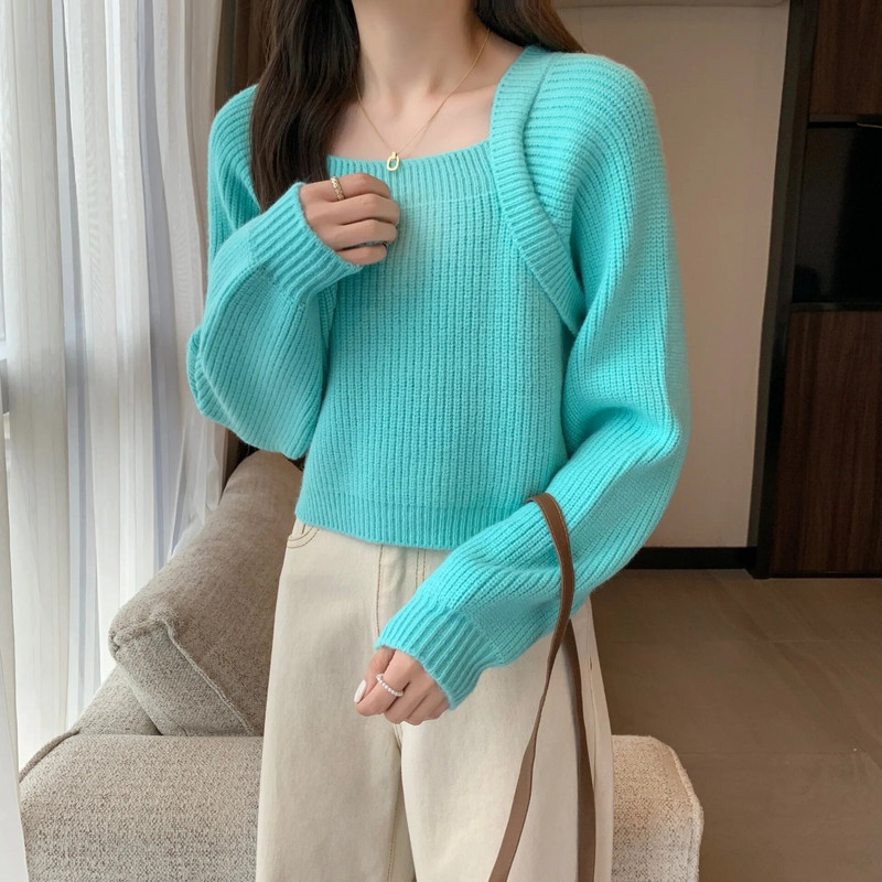 Sieviešu džemperis ar kvadrātveida apkakli, 2023. gada rudens ziema, jauns džemperis ar garām piedurknēm, sieviešu temperamenta īss trikotāžas tops