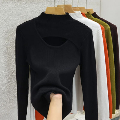 Dobs, adīts T-krekls ar garām piedurknēm, plāni topi sieviešu rudens ziema 2023. gada jauns plāns džemperis korejiešu krekls ar pusi augstu apkakli