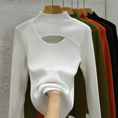 Dobs, adīts T-krekls ar garām piedurknēm, plāni topi sieviešu rudens ziema 2023. gada jauns plāns džemperis korejiešu krekls ar pusi augstu apkakli