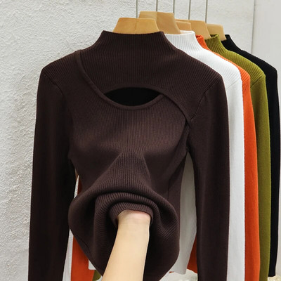 Dobs, adīts T-krekls ar garām piedurknēm, plāni topi sieviešu rudens ziema 2023. gada jauns plāns džemperis korejiešu krekls ar pusi augstu apkakli