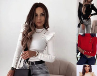 Rudens un ziemas 2022. gada jauns sieviešu džemperis ar šauru kakla pogu, dekorēts ar garām piedurknēm trikotāžas krekla ielas kleita