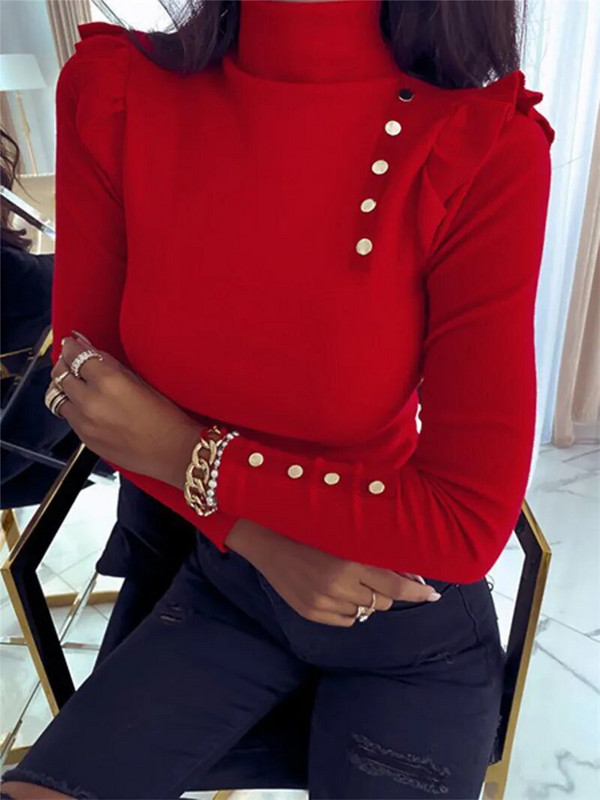 Rudens un ziemas 2022. gada jauns sieviešu džemperis ar šauru kakla pogu, dekorēts ar garām piedurknēm trikotāžas krekla ielas kleita