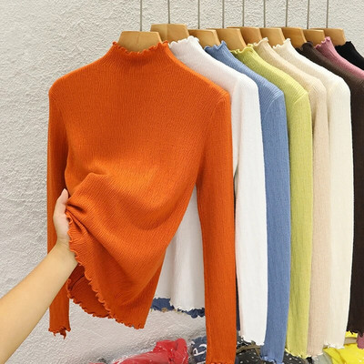 Rudens volāniem džemperis ar pusi kakla apkakli sieviešu plānie džemperi ar augstu elastīgumu, masīvi sieviešu tievi trikotāžas džemperi ar garām piedurknēm