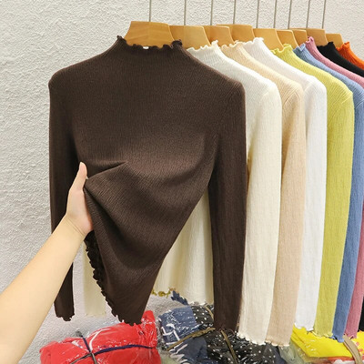 Rudens volāniem džemperis ar pusi kakla apkakli sieviešu plānie džemperi ar augstu elastīgumu, masīvi sieviešu tievi trikotāžas džemperi ar garām piedurknēm