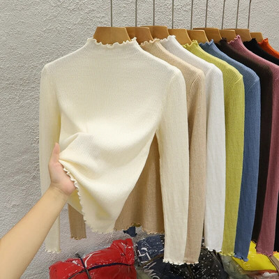 Rudens volāniem džemperis ar pusi kakla apkakli sieviešu plānie džemperi ar augstu elastīgumu, masīvi sieviešu tievi trikotāžas džemperi ar garām piedurknēm