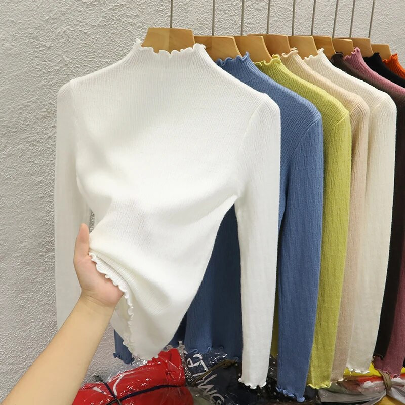 Rudens volāniem džemperis ar pusi kakla apkakli sieviešu plānie džemperi ar augstu elastīgumu, masīvi sieviešu tievi trikotāžas džemperi ar garām piedurknēm