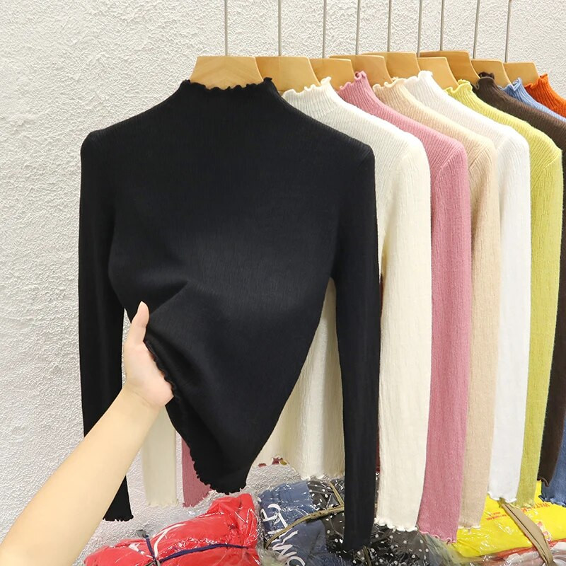 Rudens volāniem džemperis ar pusi kakla apkakli sieviešu plānie džemperi ar augstu elastīgumu, masīvi sieviešu tievi trikotāžas džemperi ar garām piedurknēm