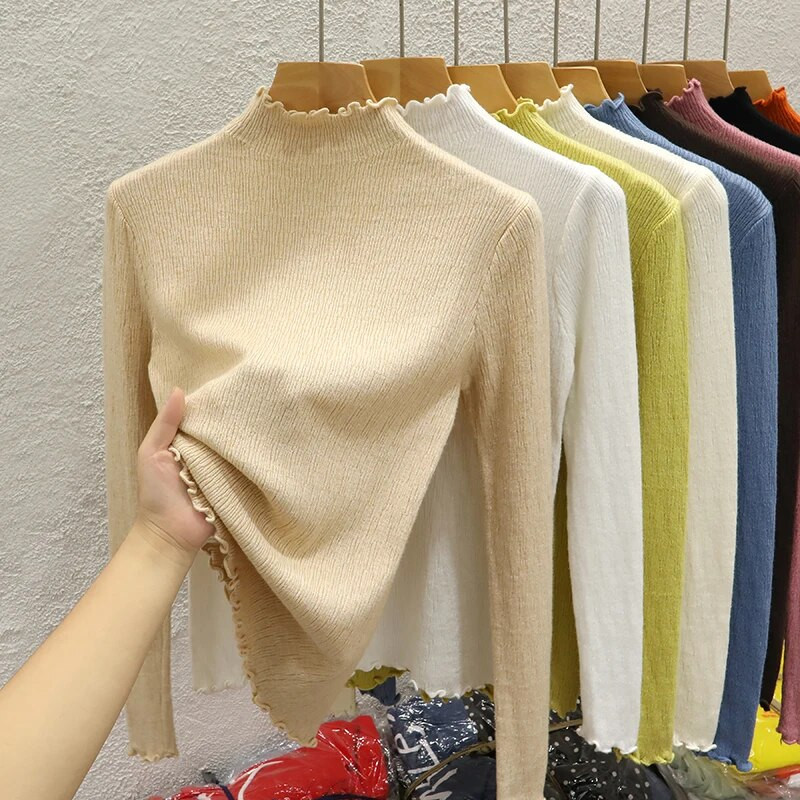 Rudens volāniem džemperis ar pusi kakla apkakli sieviešu plānie džemperi ar augstu elastīgumu, masīvi sieviešu tievi trikotāžas džemperi ar garām piedurknēm