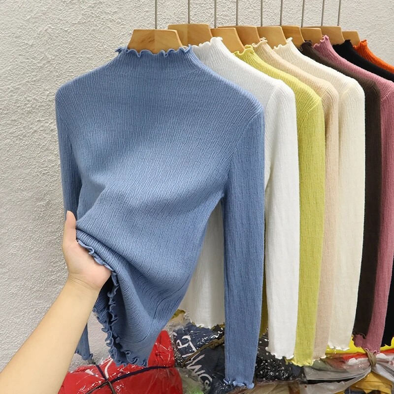 Rudens volāniem džemperis ar pusi kakla apkakli sieviešu plānie džemperi ar augstu elastīgumu, masīvi sieviešu tievi trikotāžas džemperi ar garām piedurknēm