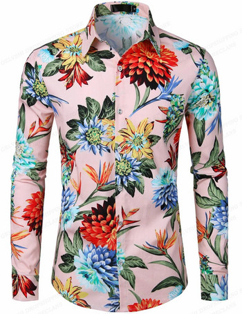 Хавайски ризи с флорални мотиви Ежедневни ризи с дълъг ръкав Мъжка модна риза Cuba Плажна блуза Мъжко облекло Обръщане на цветя Camisas