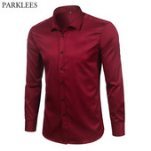Zīmola Wine Red bambusa šķiedras vīriešu kleitu krekli Slim Fit garām piedurknēm Chemise Homme ikdienas pogām, elastīgs, formāls vīriešu krekls