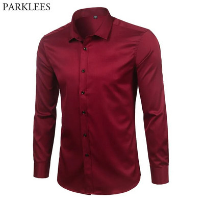 Prekės ženklo „Wine Red“ bambuko pluošto vyriški marškinėliai „Slim Fit“ ilgomis rankovėmis „Chemise Homme“ laisvalaikio sagomis prigludę elastingi oficialūs vyriški marškiniai