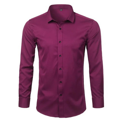 Zīmola Wine Red bambusa šķiedras vīriešu kleitu krekli Slim Fit garām piedurknēm Chemise Homme ikdienas pogām, elastīgs, formāls vīriešu krekls