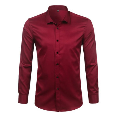 Zīmola Wine Red bambusa šķiedras vīriešu kleitu krekli Slim Fit garām piedurknēm Chemise Homme ikdienas pogām, elastīgs, formāls vīriešu krekls