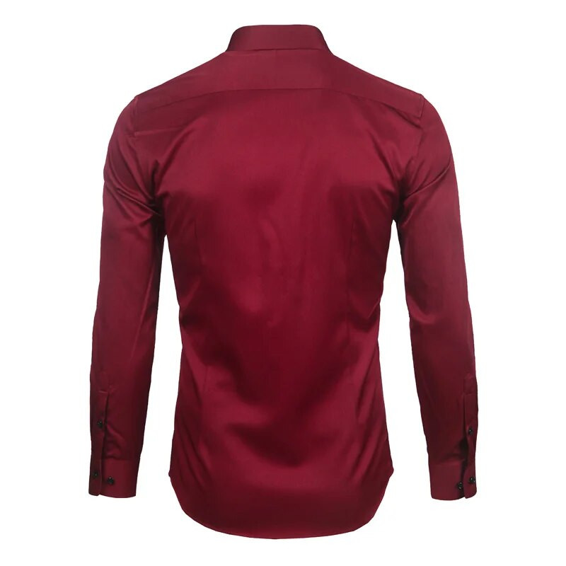 Zīmola Wine Red bambusa šķiedras vīriešu kleitu krekli Slim Fit garām piedurknēm Chemise Homme ikdienas pogām, elastīgs, formāls vīriešu krekls