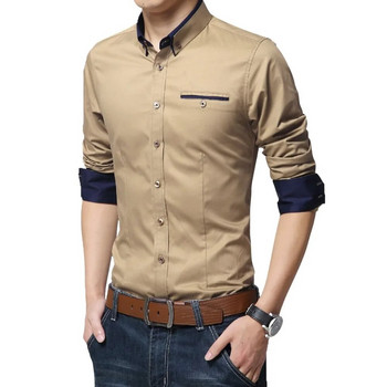 TFETTERS Най-новата памучна мъжка риза Ежедневна риза с дълъг ръкав Едноцветна обикновена кройка Плюс размер Мъжки ризи