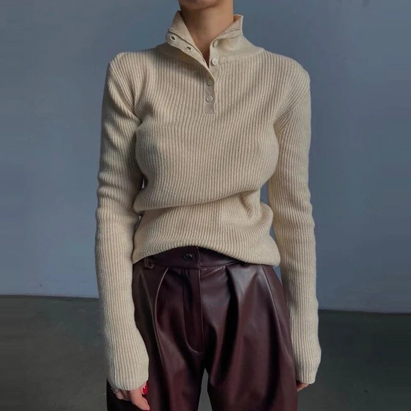 Modes trikotāžas džemperis ar apkakli sievietēm pavasaris, jaunas pogas ar pusi augstu apkakli, slaids krekls ar biezu apakšu OL puloveri sieviešu topi