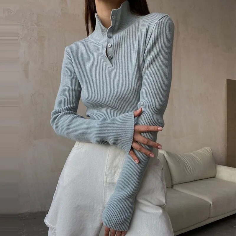 Modes trikotāžas džemperis ar apkakli sievietēm pavasaris, jaunas pogas ar pusi augstu apkakli, slaids krekls ar biezu apakšu OL puloveri sieviešu topi