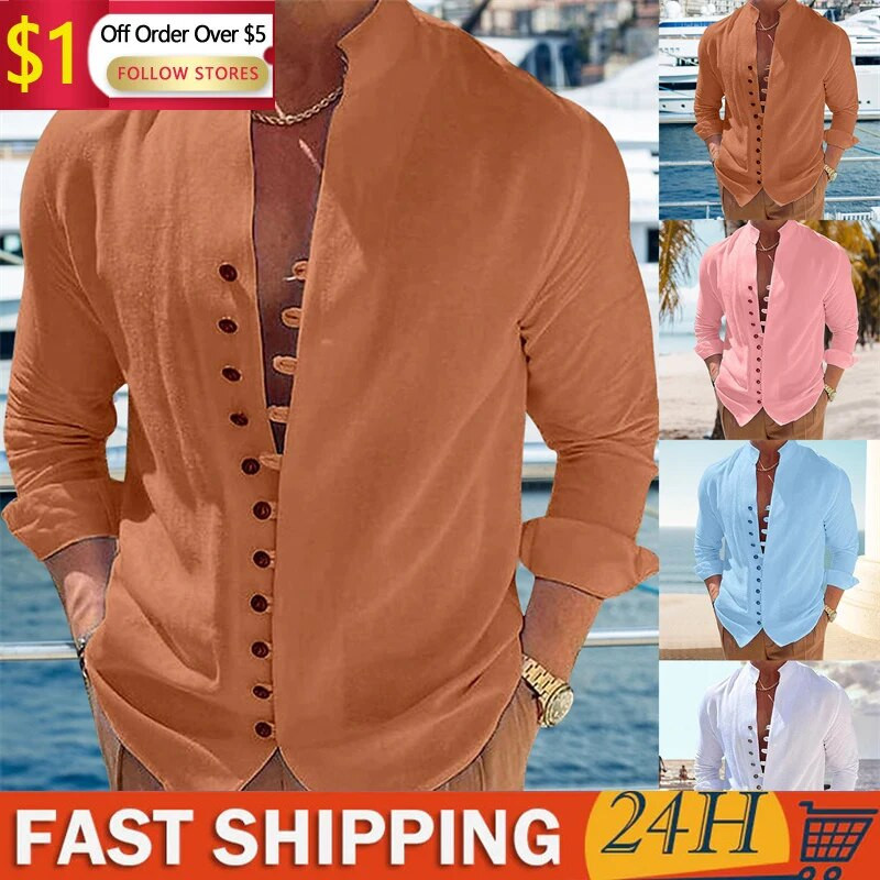 2023. gada ziemas rudens vīriešu vienkrāsaini brīvi kokvilnas lina krekls, brīvs krekls, ikdienas tops, silti vīriešu krekli ar garām piedurknēm