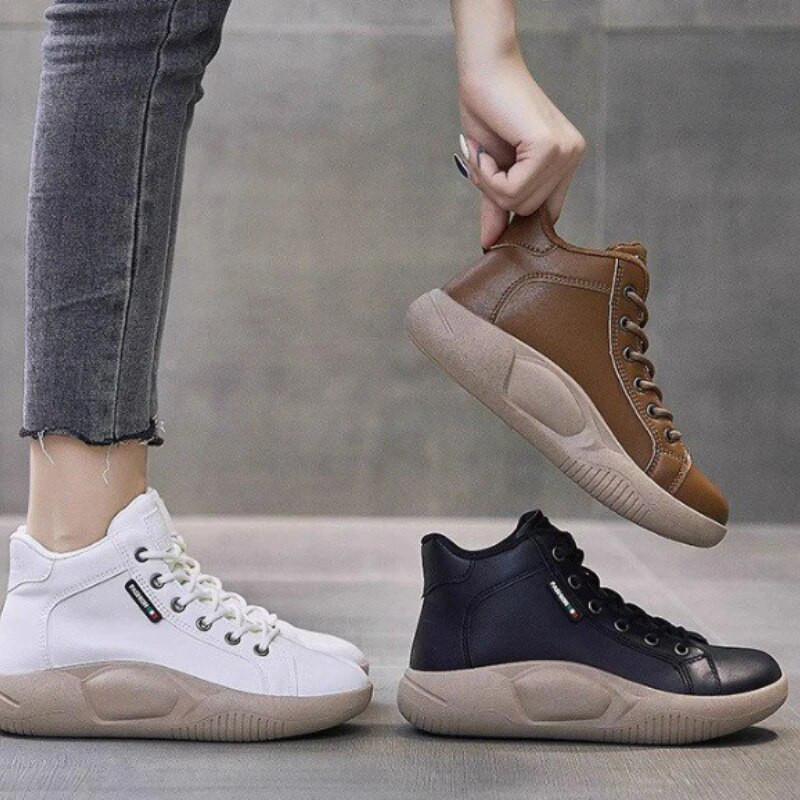 Iepazīstieties ar jauniem, augstas augšdaļas sporta apaviem ar platformu Sieviešu puszābaki, ikdienas modes sieviešu vulkanizētas kokvilnas apavi, melni Mujer Zapatos