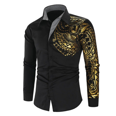 Luksusa zelta melns krekls Vīriešu jauns Slim Fit garām piedurknēm Camisa Masculina Gold Black Chemise Homme Social Men Club Prom krekls
