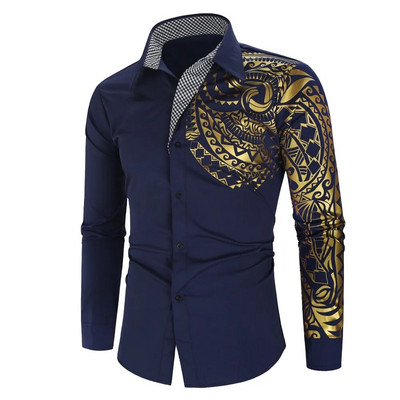 Luksusa zelta melns krekls Vīriešu jauns Slim Fit garām piedurknēm Camisa Masculina Gold Black Chemise Homme Social Men Club Prom krekls