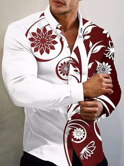 Jaunums Modes krekli vīriešiem Ikdienas ziedu druka Lielizmēra ar garām piedurknēm pogas Tops Vīriešu apģērbi Ceļojumu camisas y blusas