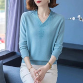 Γυναικείο πλεκτό πουλόβερ κορεατικής κασμίρ 2023 Φθινοπωρινό πουλόβερ με μακρυμάνικο λαιμόκοψη, καθημερινή μπλούζα με μασίφ κάτω μέρος