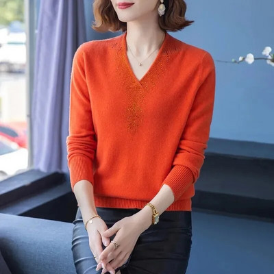 Γυναικείο πλεκτό πουλόβερ κορεατικής κασμίρ 2023 Φθινοπωρινό πουλόβερ με μακρυμάνικο λαιμόκοψη, καθημερινή μπλούζα με μασίφ κάτω μέρος