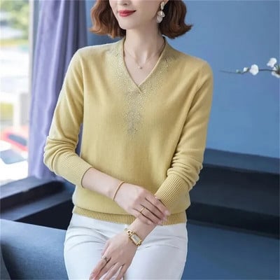 Γυναικείο πλεκτό πουλόβερ κορεατικής κασμίρ 2023 Φθινοπωρινό πουλόβερ με μακρυμάνικο λαιμόκοψη, καθημερινή μπλούζα με μασίφ κάτω μέρος