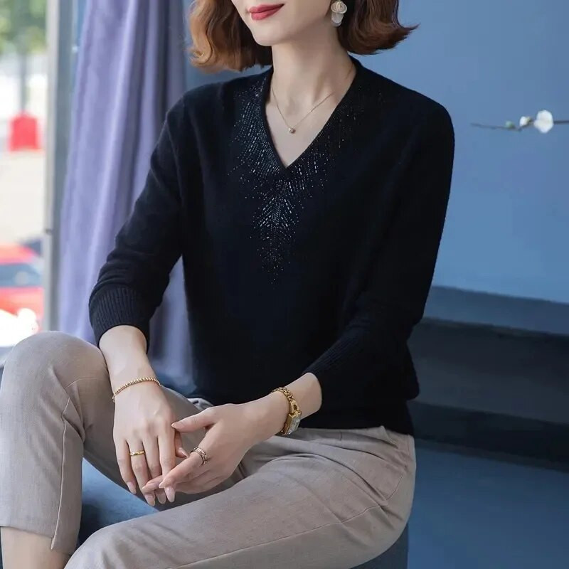 Γυναικείο πλεκτό πουλόβερ κορεατικής κασμίρ 2023 Φθινοπωρινό πουλόβερ με μακρυμάνικο λαιμόκοψη, καθημερινή μπλούζα με μασίφ κάτω μέρος