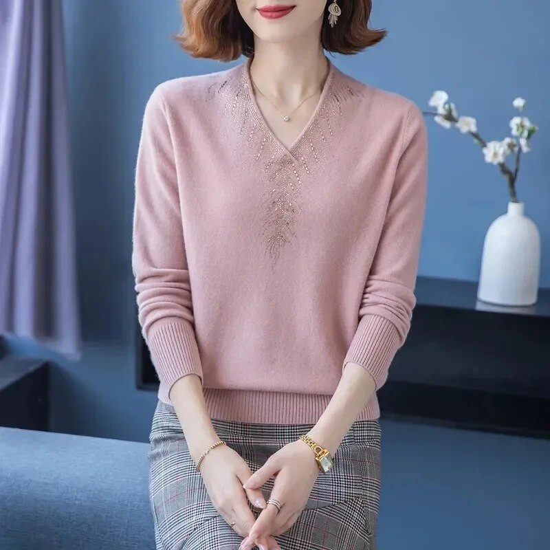 Γυναικείο πλεκτό πουλόβερ κορεατικής κασμίρ 2023 Φθινοπωρινό πουλόβερ με μακρυμάνικο λαιμόκοψη, καθημερινή μπλούζα με μασίφ κάτω μέρος