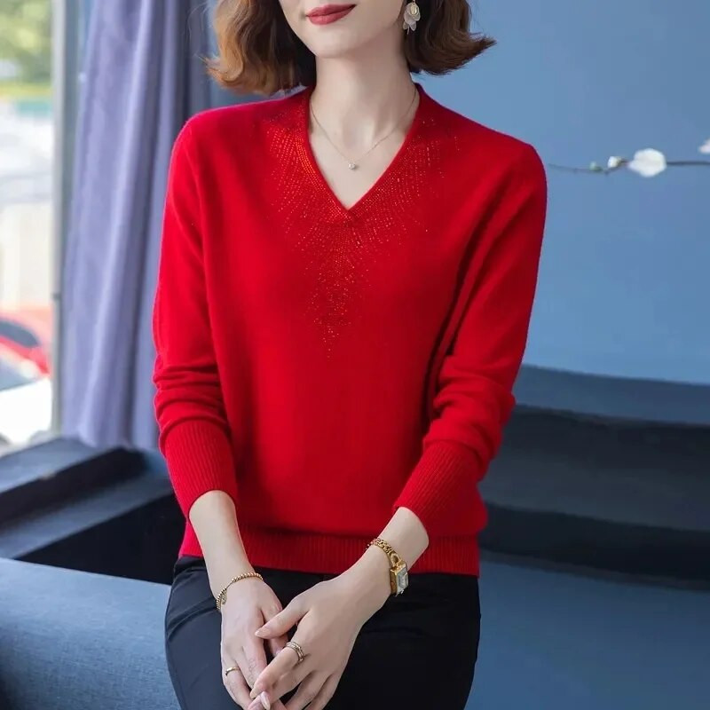 Γυναικείο πλεκτό πουλόβερ κορεατικής κασμίρ 2023 Φθινοπωρινό πουλόβερ με μακρυμάνικο λαιμόκοψη, καθημερινή μπλούζα με μασίφ κάτω μέρος