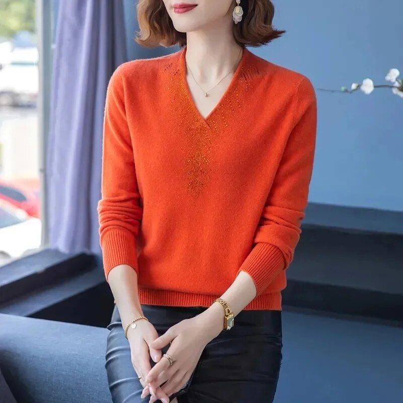Γυναικείο πλεκτό πουλόβερ κορεατικής κασμίρ 2023 Φθινοπωρινό πουλόβερ με μακρυμάνικο λαιμόκοψη, καθημερινή μπλούζα με μασίφ κάτω μέρος