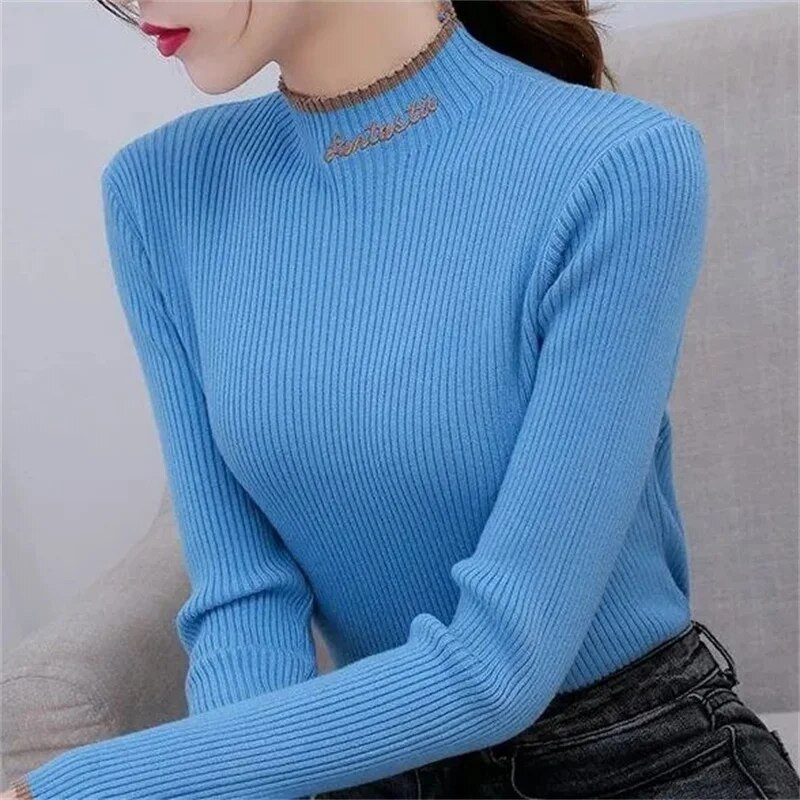 Džemperis ar bruņurupuču apkakli 2023. gada rudens ziemas sieviešu džemperis ar garām piedurknēm, moderns korejiešu trikotāžas džemperis ar apakšējo kreklu, ikdienas topi